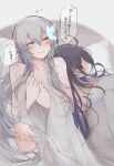  2girls absurdres armpit_crease bed bed_sheet blush breasts bronya_rand cleavage closed_eyes closed_mouth collarbone colored_inner_hair crossed_bangs drill_hair facing_viewer hair_between_eyes hand_around_waist hands_on_own_chest heart hickey highres honkai:_star_rail honkai_(series) large_breasts long_hair lying mirui multicolored_hair multiple_girls naked_sheet nude on_back pillow purple_hair raised_eyebrows seele_(honkai:_star_rail) shadow sheet_grab sitting sleeping smile translation_request yuri 