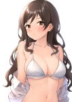  1girl absurdres armpit_crease b1ack_illust bikini blush breasts brown_hair cleavage clothes_pull collarbone highres idolmaster idolmaster_million_live! kitazawa_shiho large_breasts long_hair navel open_clothes open_shirt shirt shirt_pull simple_background solo swimsuit upper_body very_long_hair wavy_hair white_background white_bikini white_shirt 