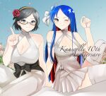  2girls alternate_costume anniversary black_hair blue_hair breasts cleavage copyright_name dress gold_hairband grey_eyes hairband highres index_finger_raised kantai_collection kirishima_(kancolle) large_breasts long_hair multicolored_hair multiple_girls one_eye_closed red_hair short_hair smile south_dakota_(kancolle) star_(symbol) thighhighs toriniku_senshi_chikinman white_dress white_hair white_thighhighs 