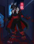  anthro blood bodily_fluids bottomwear claws clothed clothing glowing glowing_eyes grin hair hi_res horn male mammal mordorinka pants red_eyes smile solo standing teeth 