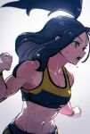  1girl abs armpit_crease black_hair bracelet breasts cleavage dendra_(pokemon) jewelry medium_hair muscular muscular_female open_mouth pokemon pokemon_(game) pokemon_sv ponytail rewin_(nobabys_perfect) simple_background small_breasts solo sweat teeth white_background yellow_background 