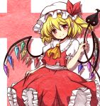  1girl ascot blonde_hair blush flandre_scarlet frilled_shirt_collar frilled_skirt frills hair_between_eyes hat hat_ribbon kosumo looking_at_viewer mob_cap red_eyes red_ribbon red_skirt red_vest ribbon shirt skirt smile solo touhou vest white_headwear white_shirt wings yellow_ascot 