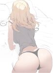  ... 1girl all_fours ass black_panties blonde_hair commentary_request cowboy from_above from_behind girls_und_panzer grey_tank_top kay_(girls_und_panzer) kyougi_sharyou long_hair panties solo spoken_ellipsis strap_slip tank_top thighs thong underwear white_background 