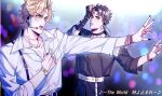  2boys belt black_nails blonde_hair blue_eyes blue_hair choker commentary dio_brando hako_iix07 heart idol jewelry jojo_no_kimyou_na_bouken jonathan_joestar looking_to_the_side microphone multiple_boys music necklace open_mouth pants parted_lips phantom_blood ring shirt short_hair singing symbol-only_commentary teeth throat_microphone white_shirt yellow_eyes 