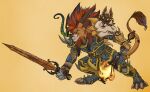  armor black_hair bow_(weapon) brown_body brown_fur charr fantasy fantasy_armor fantasy_weapon felid feline fur guild_wars hair hi_res horn male mammal melee_weapon orange_eyes orange_hair ranged_weapon solo starwolfskin sword tail tail_tuft torch tuft weapon zgf_art zgf_gaming 