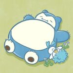  absurdres closed_eyes clover clover_(flower) flower green_background highres legs_up lying messy_hair no_humans official_alternate_hairstyle official_art on_back pokemon pokemon_(creature) quaxly simple_background sleeping snorlax 
