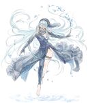  1girl abinosu0903 azura_(fire_emblem) azura_(performing_arts)_(fire_emblem) bare_shoulders barefoot black_dress black_gloves blue_hair closed_eyes dancing dress elbow_gloves fingerless_gloves fire_emblem fire_emblem_fates gloves hair_between_eyes hairband highres jewelry long_hair looking_at_viewer mouth_veil official_alternate_costume open_mouth simple_background solo veil very_long_hair water 