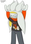  2023 absurd_res anthro band_shirt black_clothing black_shirt black_topwear clothing dated eyewear generation_8_pokemon glasses grey_body hi_res lagomorph male mammal merchandise mr._raboot_the_raboot_(mrraboot) mrraboot nintendo pokemon pokemon_(species) raboot red_arms rocking_out shaded shirt signature simple_background simple_shading solo topwear 