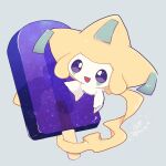  :d banchiku commentary_request food full_body grey_background highres jirachi looking_at_viewer no_humans open_mouth pokemon pokemon_(creature) popsicle purple_eyes signature smile solo star_(sky) 