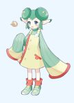  1girl bird blue_eyes blush_stickers covered_horns dot_nose double_bun dress full_body green_footwear green_hair green_sweater grey_background hair_bun horns kashima_miyako lidelle_(puyopuyo) looking_at_animal pocket pointy_ears puyopuyo puyopuyo_fever ribbed_sweater short_hair simple_background sleeves_past_fingers sleeves_past_wrists standing sweater wing_ornament yellow_dress yellow_horns 