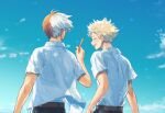  2boys :d ^_^ bakugou_katsuki belt blonde_hair blue_sky blush boku_no_hero_academia brown_belt closed_eyes cloud collared_shirt commentary_request day facing_away hand_up happy holding looking_to_the_side male_focus multicolored_hair multiple_boys open_mouth outdoors red_hair sanda_(tecco2) shirt shirt_tucked_in short_hair short_sleeves sky smile spiked_hair split-color_hair standing todoroki_shouto two-tone_hair white_hair white_shirt 