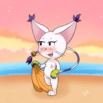  bandai_namco beach blush breasts claws clothing digimon digimon_(species) el_senor_erizo female fur gatomon genitals gloves handwear hi_res nipples nude outside pussy sand seaside smile solo swimwear white_body white_fur 