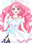  1girl artist_name ascot asymmetrical_bangs big_hair bow brooch commentary cosplay cure_grace cure_prism cure_prism_(cosplay) dress dress_bow earrings elbow_gloves gloves hair_bow hanadera_nodoka healin&#039;_good_precure highres hirogaru_sky!_precure jewelry layered_dress leaf_earrings looking_at_viewer magical_girl medium_dress momotarouooi open_mouth pink_eyes pink_hair precure series_connection signature sleeveless sleeveless_dress smile solo wavy_mouth white_ascot white_bow white_gloves wing_brooch 