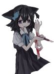  1girl animal_ears bandages black_dress black_hair bleeding blood blood_on_bandages blue_ribbon cat_ears cat_girl collared_shirt cropped_legs crying crying_with_eyes_open dress ears_down fang fish_hair_ornament hair_ornament hands_up highres holding_boxcutter long_hair neck_ribbon neko_yeye one_side_up open_mouth original pinafore_dress puffy_short_sleeves puffy_sleeves purple_eyes raised_eyebrows ribbon self_harm shirt short_dress short_sleeves sleeveless sleeveless_dress solo tears wavy_mouth white_background white_shirt wrist_cutting 