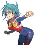  1girl :d allenby_beardsley blue_bodysuit blue_hair bodysuit bow breasts clenched_hands g_gundam green_eyes gundam highres impossible_bodysuit impossible_clothes leaning_forward looking_at_viewer medium_breasts mobile_trace_suit multicolored_bodysuit multicolored_clothes open_mouth red_bodysuit short_hair skin_tight smile solo tanakalma white_background yellow_bow 