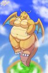  2023 2:3 3_fingers 3_toes absurd_res anthro biped blush digital_media_(artwork) dragonite feet fingers generation_1_pokemon hi_res j1110_tanuki male moobs navel nintendo nude null overweight overweight_anthro overweight_male pokemon pokemon_(species) simple_background solo thick_thighs toes wide_hips 