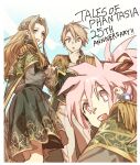  1boy 2girls anniversary arche_klein brown_eyes brown_hair cape cress_albane dress earrings hair_intakes highres jewelry long_hair looking_at_viewer mint_adenade multiple_girls open_mouth pink_eyes pink_hair smile tales_of_(series) tales_of_phantasia talesofmea 