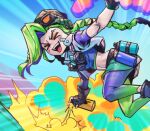  1girl bandaid bandaid_on_cheek bandaid_on_face black_gloves blue_jacket blue_shirt blush braid chromacrash_jinx closed_eyes feet_out_of_frame fingerless_gloves full_body gloves graffiti green_hair holding jacket jinx_(league_of_legends) jumping league_of_legends league_of_legends:_wild_rift official_alternate_costume official_alternate_hairstyle open_mouth outstretched_arms phantom_ix_row shirt smile solo spread_arms stomach teeth twin_braids upper_teeth_only 