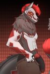  alexyoshirama anthro canid canine canis clothing digital_media_(artwork) fur genitals hair half-length_portrait hi_res looking_at_viewer male mammal nude penis portrait simple_background solo standing tail underwear wolf 