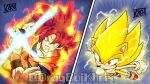  2boys animal_nose aura battle crossover dougi dragon_ball dragon_ball_super dragon_ball_z fighting furry furry_male gloves hedgehog hedgehog_tail kad_productions kamehameha multiple_boys red_eyes red_footwear red_hair saiyan shoes son_goku sonic_(series) sonic_frontiers sonic_the_hedgehog spiked_hair super_saiyan super_saiyan_god super_sonic tail white_gloves wristband yellow_fur 