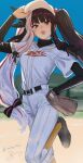  1girl baseball_cap baseball_mitt belt black_belt black_footwear black_hair black_ribbon black_shirt black_sweater blunt_bangs blush hair_ribbon hands_on_headwear hat highres isshiki_(ffmania7) layered_sleeves leg_up long_hair long_sleeves looking_at_viewer multicolored_hair nijisanji outdoors pants red_eyes ribbon shirt short_over_long_sleeves short_sleeves sidelocks signature smile socks solo streaked_hair sweater turtleneck twintails two-tone_hair very_long_hair virtual_youtuber white_hair white_headwear white_pants white_shirt yellow_socks yorumi_rena 