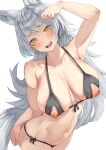  1girl absurdres alexi_oekaki animal_ear_fluff animal_ears arm_up bikini black_bikini blush breasts brown_eyes commentary_request fox_ears fox_girl grey_hair highres large_breasts long_hair looking_at_viewer navel nipples open_mouth original simple_background slit_pupils smile solo swimsuit teeth white_background 