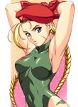  1990s_(style) 1girl absurdres arms_behind_head arms_up blonde_hair blue_eyes braid breasts cammy_white closed_mouth fingerless_gloves gloves green_leotard highres large_breasts leotard looking_at_viewer red_gloves red_headwear retro_artstyle sirknightbot solo street_fighter street_fighter_6 twin_braids upper_body 