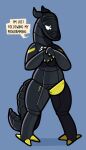  2019 anthro armor biped black_body black_horn black_tail claws dogfluid english_text erection genitals hi_res horn machine male penis prehensile_penis robot solo synth_(vader-san) tail text white_eyes yellow_body yellow_claws yellow_penis 