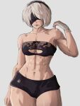  1girl 2b_(nier:automata) abs alternate_costume arm_at_side bandaged_hand bandages black_blindfold black_hairband black_sports_bra blindfold boyshort_panties bra breasts cleavage_cutout clothing_cutout collarbone cowboy_shot hairband hand_up highres insignia lace lace_bra looking_at_viewer mole mole_under_mouth navel nier:automata nier_(series) short_hair simple_background small_breasts solo sports_bra stomach sweat sweatdrop thick_thighs thighs toned underwear white_background yoracrab 