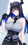  1girl ascot bare_shoulders belt black_ascot black_belt black_gloves black_hair blue_hair breasts button_gap colored_inner_hair demon_horns gloves hair_ornament highres hololive hololive_english horns large_breasts long_hair looking_at_viewer mole mole_under_eye multicolored_hair nerissa_ravencroft red_eyes reyn_77a shirt sleeveless sleeveless_shirt solo tassel tassel_hair_ornament two-tone_hair uneven_horns very_long_hair virtual_youtuber 