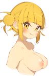 1girl :3 :q blonde_hair blunt_bangs blush boku_no_hero_academia breasts closed_mouth collarbone completely_nude cropped_arms cropped_torso double_bun hair_bun highres large_breasts linea_alba looking_at_viewer messy_hair nipples nude rasusurasu short_hair_with_long_locks sideboob sidelocks simple_background solo straight_hair toga_himiko tongue tongue_out tsurime upper_body white_background yellow_eyes 