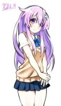  1girl blush commentary_request d-pad d-pad_hair_ornament hair_ornament kurozero long_hair nepgear neptune_(series) pleated_skirt purple_eyes purple_hair school_uniform serafuku shirt skirt solo t-shirt 