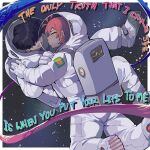  2girls absurdres antenna_hair astronaut black_hair closed_eyes commentary croccy_avalon diforland english_text eucary_eureka grin hair_over_eyes highres lyrics multiple_girls original puckered_lips radiohead_(band) red_hair smile space space_helmet spacesuit yuri 