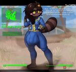  absurd_res anthro athletic bethesda_softworks big_bulge blush blush_stickers brown_body brown_fur bulge canid canine clothed clothing dialogue fallout fur gameplay_mechanics genital_outline gui hand_on_hip health_bar hi_res mammal outside penis_outline pip-boy plundered raccoon_dog short_stack small_but_hung solo tani_takahashi tanuki text thick_thighs vault_suit wide_hips 