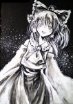  1girl absurdres braid detached_sleeves greyscale hair_ribbon hakurei_reimu highres ikeda_ruriko looking_at_viewer medium_hair monochrome painting_(medium) ribbon sleeveless solo touhou traditional_media twin_braids 