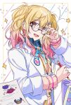  1girl adjusting_eyewear alien aqua_ribbon badge bespectacled black-framed_eyewear blonde_hair blurry button_badge buttons cardigan ceiling39 collared_shirt commentary_request diagonal_stripes diamond_(shape) double-parted_bangs drawing framed get_over_it._(project_sekai) glasses glint gradient_hair hair_between_eyes hair_over_shoulder head_only holding holding_pencil id_card korean_commentary lab_coat lanyard lapels long_hair long_sleeves looking_ahead looking_at_viewer mechanical_pencil multicolored_hair neck_ribbon notched_lapels official_alternate_costume open_clothes open_collar open_labcoat paper pencil pink_cardigan pink_eyes pink_hair pink_stripes project_sekai ribbon rocket rolled_up_paper round_eyewear scientist shirt single_stripe sleeves_rolled_up solo star_(symbol) striped striped_background tenma_saki twintails upper_body wavy_hair white_background 