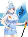  1girl arcedo blue_eyes blue_hair blue_headwear blue_skirt breasts buttons collared_shirt flipped_hair gloves golf_club hand_on_own_hip holding holding_golf_club kahili_(pokemon) large_breasts light_blue_hair long_hair mole mole_under_eye pokemon pokemon_(game) pokemon_sm shirt short_sleeves single_glove skirt solo striped striped_shirt visor_cap z-crystal 