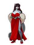  2023 anthro big_breasts black_hair blazbaros breasts cleavage clothed clothing dress felid female footwear fur fur_coat grey_body grey_fur hair hi_res high_heels long_hair mammal open_mouth pantherine paper_fan red_clothing red_dress snow_leopard solo spots spotted_body spotted_fur tail thick_tail wide_hips 
