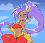  2023 absurd_res blue_eyes breasts brown_body brown_skin clothing cloud day ear_piercing ear_ring female genie hair hi_res humanoid humanoid_pointy_ears long_hair not_furry open_mouth open_smile piercing ponytail purple_hair ring_piercing shantae shantae_(series) simmsyboy smile solo wayforward 