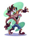  activision anthro clothing crash_bandicoot crash_bandicoot_(series) fingerless_gloves footwear fur gloves green_eyes hair handwear hi_res male mammal marsupial open_mouth shoes signature simple_background solo sorprendante teeth 