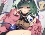  1girl ahoge black_skirt blush commentary_request green_eyes green_nails hat hat_removed headwear_removed heart highres holding holding_phone hood hoodie indoors komeiji_koishi looking_at_viewer open_mouth phone pink_hoodie sakurame skirt solo touhou 