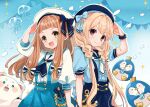  2girls :d anchor bear bird black_headwear blonde_hair blue_background blue_ribbon blue_shirt blue_skirt blunt_bangs blush bow brown_eyes brown_hair futaba_anzu gradient_background hair_ornament hair_ribbon highres ichihara_nina idolmaster idolmaster_cinderella_girls idolmaster_cinderella_girls_starlight_stage idolmaster_cinderella_girls_u149 jellyfish long_hair looking_at_viewer low_twintails multiple_girls open_mouth penguin polar_bear ribbon rino_cnc salute shirt skirt smile string_of_flags suspender_skirt suspenders twintails very_long_hair white_headwear white_shirt 