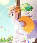  absurdres animal_ears blonde_hair bouquet bride dress flower fox_ears fox_girl fox_tail hair_flower hair_ornament happy harumelly highres senko_(sewayaki_kitsune_no_senko-san) sewayaki_kitsune_no_senko-san sunlight tail wedding_dress yellow_eyes 