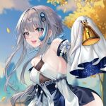  1girl :d absurdres bare_shoulders bell blue_eyes blurry breasts chinese_hairpin depth_of_field dress genshin_impact grey_hair guizhong_(genshin_impact) hair_ornament highres holding holding_bell mountainous_horizon open_mouth short_hair_with_long_locks sleeves_past_fingers sleeves_past_wrists small_breasts smile solo tassel tassel_hair_ornament thighs tree white_dress yaya_chan 