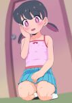  1girl :d bare_arms bare_shoulders black_hair blue_skirt blurry blurry_background blush bow bright_pupils camisole collarbone door doraemon flat_chest full_body hair_between_eyes hand_on_lap hand_on_own_cheek hand_on_own_face hand_up head_tilt highres indoors minamoto_shizuka multicolored_hair open_mouth panties pantyshot pink_camisole pink_panties pleated_skirt purple_eyes purple_hair red_bow seiza short_hair short_twintails sitting skirt smile socks solo takahashi_note twintails underwear white_socks 
