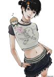  1boy 1girl black_hair chainsaw_man collar denji_(chainsaw_man) goldenpenhd hair_bun highres looking_at_viewer mitaka_asa navel pochita_(chainsaw_man) punk short_hair skirt smile tongue tongue_out 