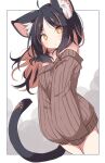  1girl ahoge animal_ear_fluff animal_ears bare_shoulders black_hair brown_hair brown_sweater cat_ears cat_girl cat_tail closed_mouth daidai_ookami floating_hair highres long_hair long_sleeves looking_at_viewer multicolored_hair off-shoulder_sweater off_shoulder original parted_bangs puffy_long_sleeves puffy_sleeves ribbed_sweater sleeves_past_fingers sleeves_past_wrists solo standing sweater tail two-tone_hair 