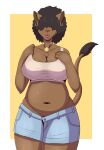  2023 accessory anthro big_breasts bottomwear breasts chubby_female cleavage clothed clothing digital_media_(artwork) ear_piercing ear_ring felid female flyingtrace hair hair_over_eyes hi_res jewelry kori_(flyingtrace) lion mammal navel nipple_outline pantherine piercing ring_piercing signature simple_background slightly_chubby solo tail thick_thighs 