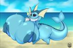  anthro big_breasts bikini breasts clothing drinking eeveelution female generation_1_pokemon hi_res huge_breasts hyper hyper_breasts nintendo perversion pokemon pokemon_(species) small_(disambiguation) solo swimwear vaporeon water 