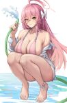  1girl absurdres ahoge barefoot bikini blue_archive blush bow breasts cleavage closed_mouth duchessofarmeria full_body green_eyes hair_bow halo hanako_(blue_archive) hanako_(swimsuit)_(blue_archive) highres holding holding_hose hose large_breasts off_shoulder pink_bikini pink_hair shirt smile solo squatting swimsuit thighs tiptoes water wet wet_clothes wet_shirt white_bow white_shirt 